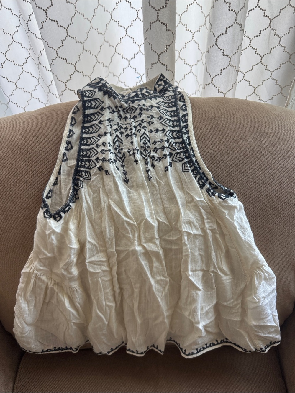 Ecote Ivory Gauze Top with Black Embroidered Pattern